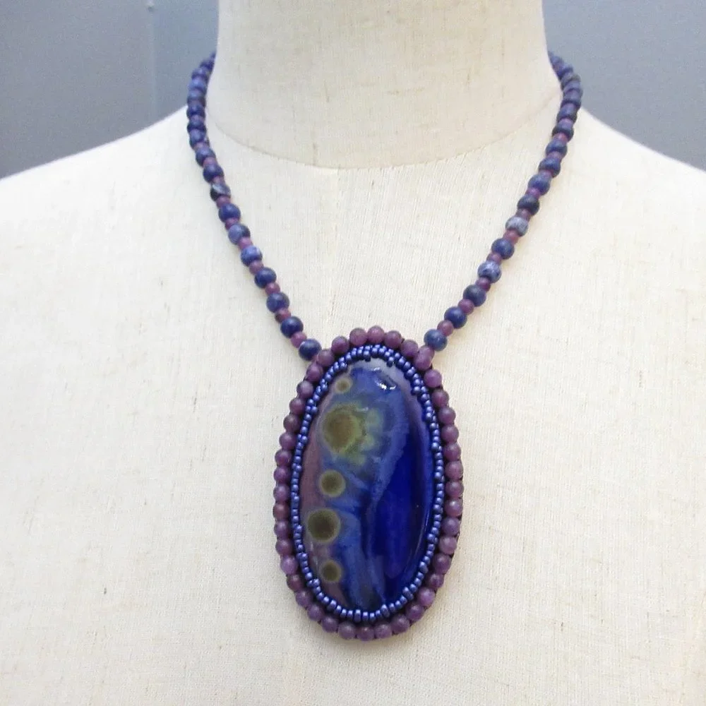 Artisan Bead embroidered cabochon on Sodalite and Lepidolite necklace